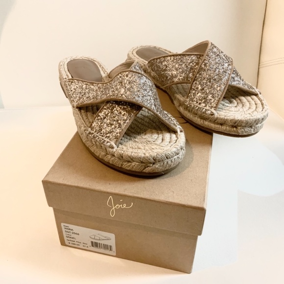 Joie Ianna Glitter Suede Espadrille Slide Sandals Gold Slip on Flat Mules 37.5 - Picture 6 of 11